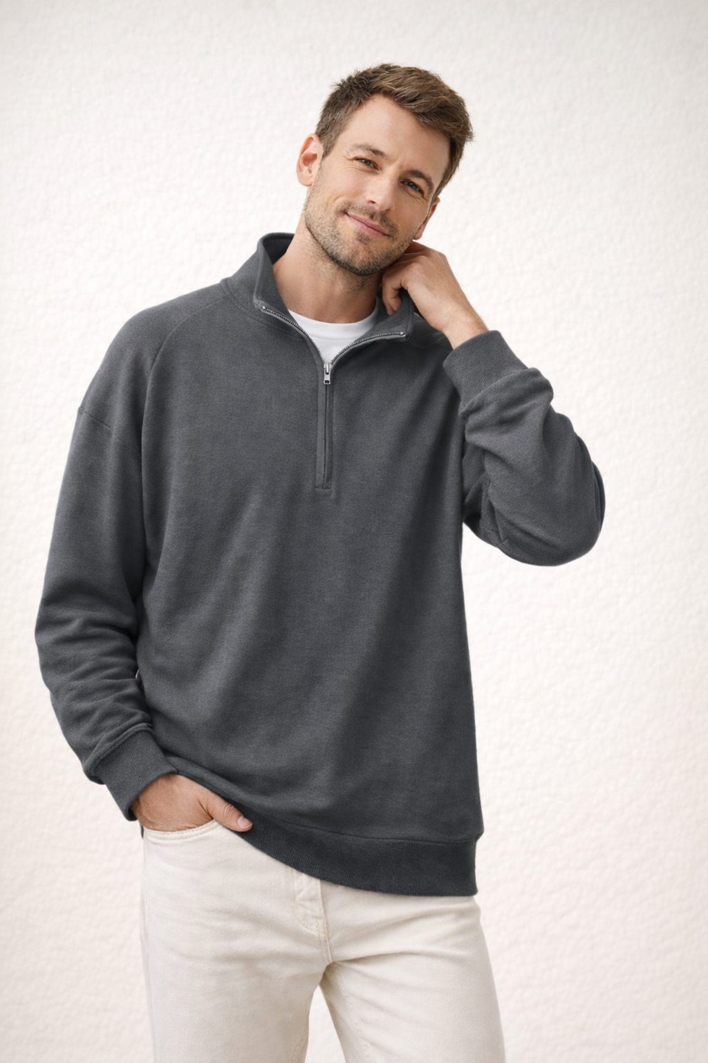 Herren Pullover mit Stehkragen und Reissverschluss - Grau