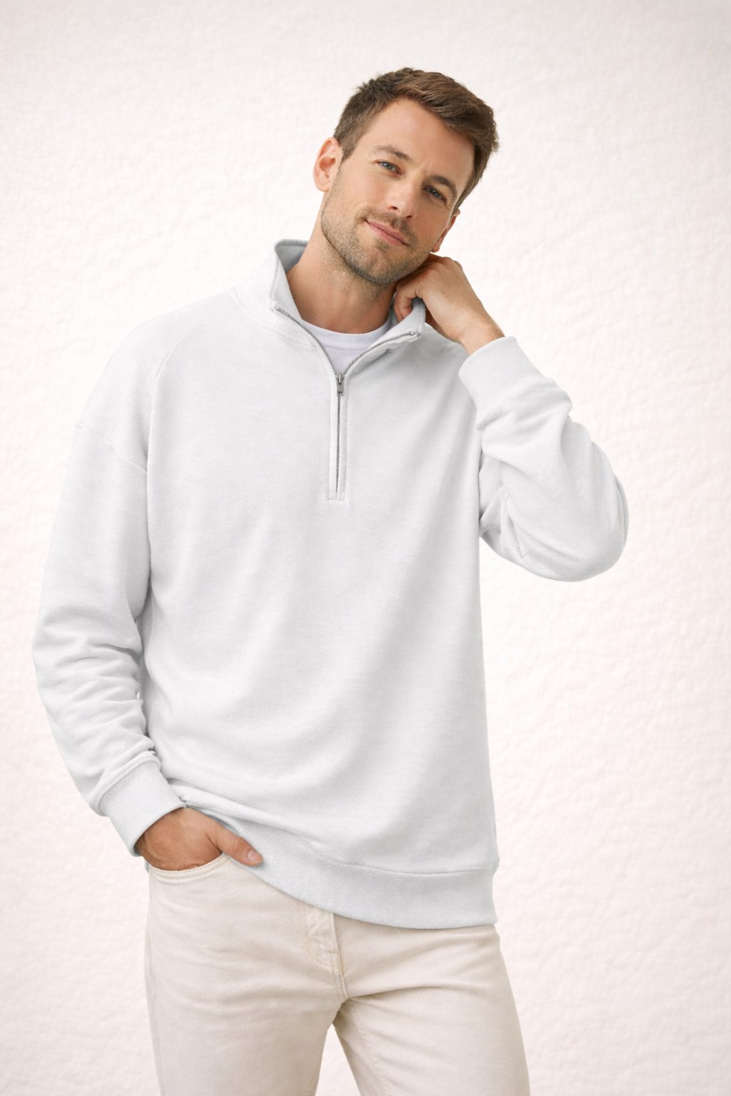 Herren Pullover mit Stehkragen und Reissverschluss - Weiss