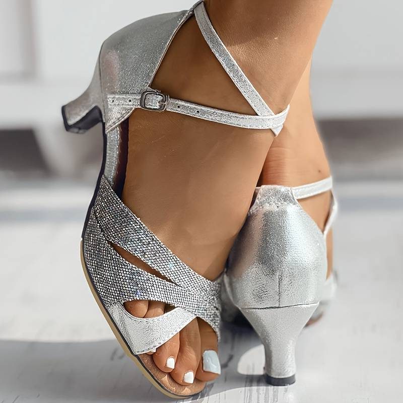 Damen Glitzersandalen mit Knöchelriemen und Blockabsatz - View 3