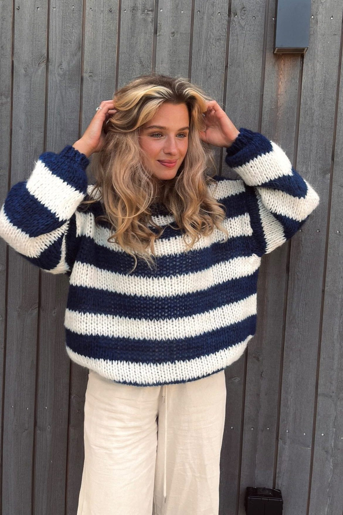 Damen Oversize Gestreifter Strickpullover mit Rundhals