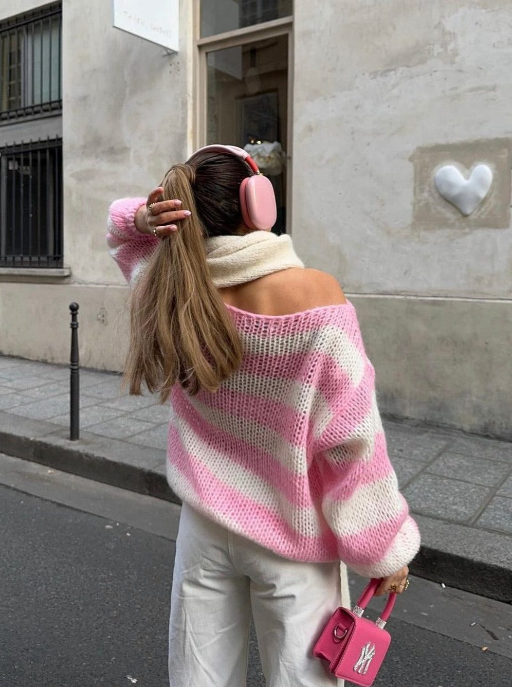 Damen Oversize Gestreifter Strickpullover mit Rundhals - Rosa