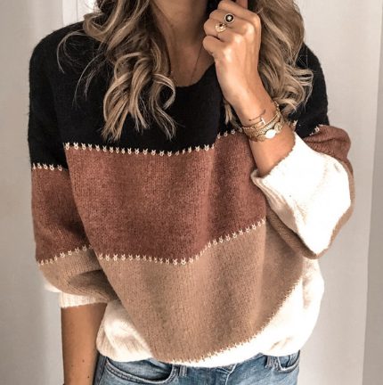 Damen Gestreifter Strickpullover mit Rundhals - Braun
