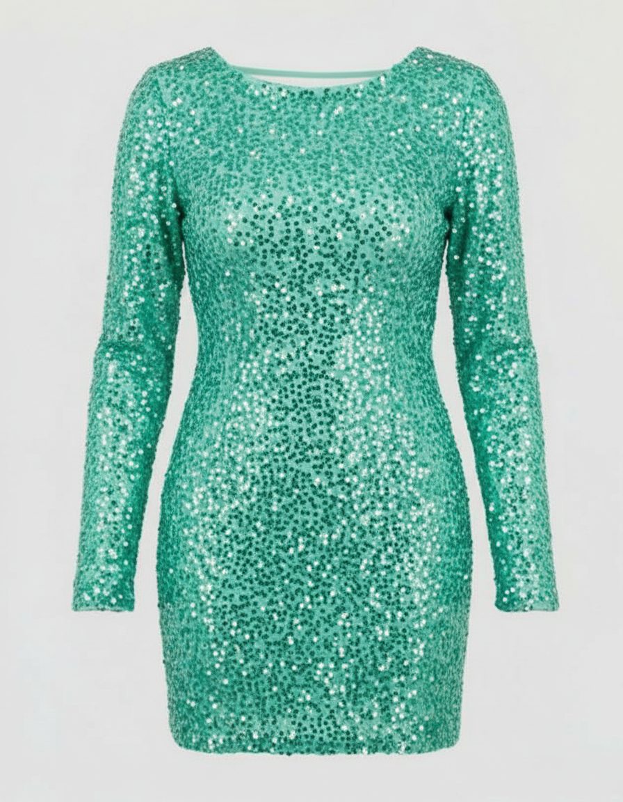 Damen Pailletten-Minikleid mit Lange Ärmel und Offener Rückseite - Grün
