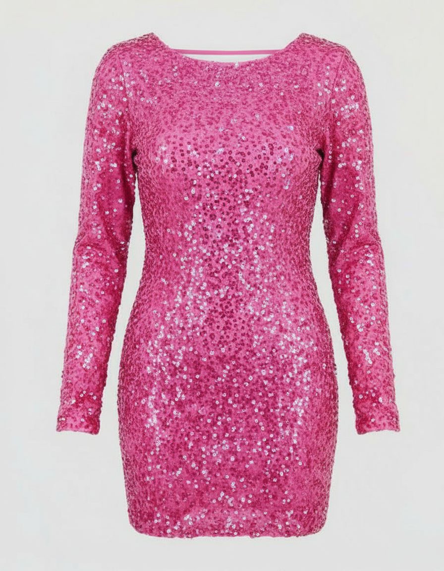 Damen Pailletten-Minikleid mit Lange Ärmel und Offener Rückseite - Rosa