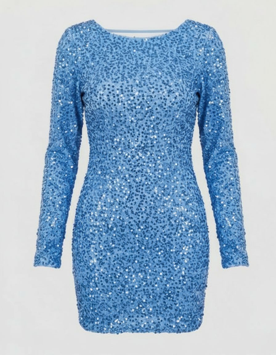 Damen Pailletten-Minikleid mit Lange Ärmel und Offener Rückseite - Blau