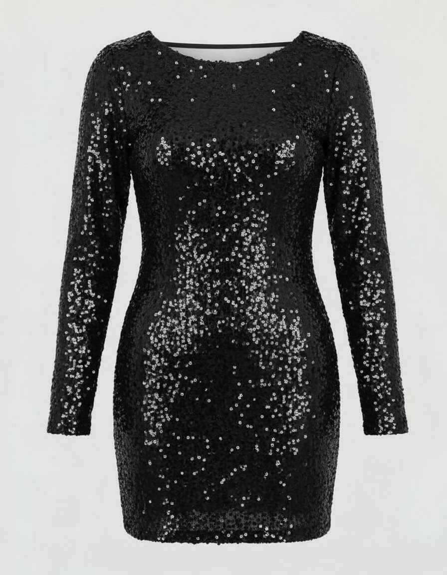 Damen Pailletten-Minikleid mit Lange Ärmel und Offener Rückseite - Schwarz