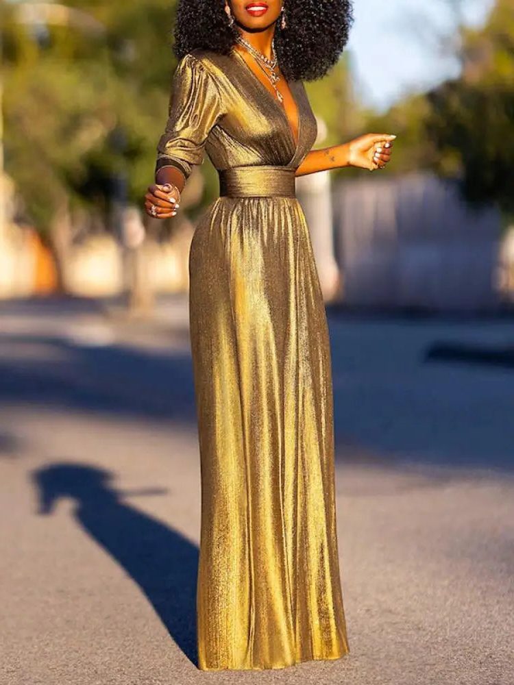 Langarm-Jumpsuit mit V-Ausschnitt und Metallic-Optik für Damen