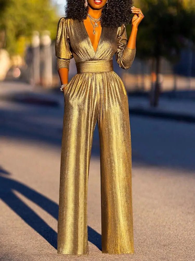 Langarm-Jumpsuit mit V-Ausschnitt und Metallic-Optik für Damen - View 3
