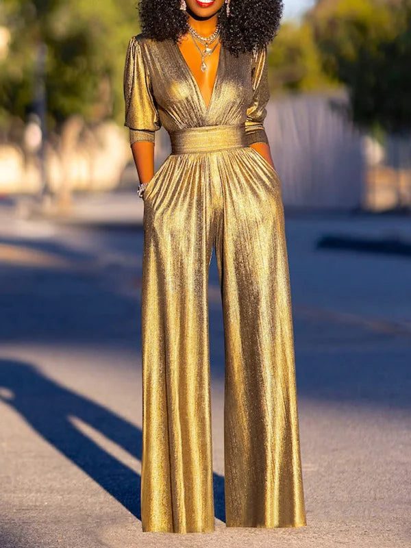 Langarm-Jumpsuit mit V-Ausschnitt und Metallic-Optik für Damen - View 5