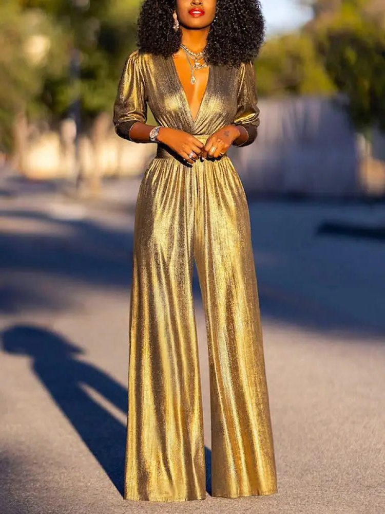 Langarm-Jumpsuit mit V-Ausschnitt und Metallic-Optik für Damen - Gold