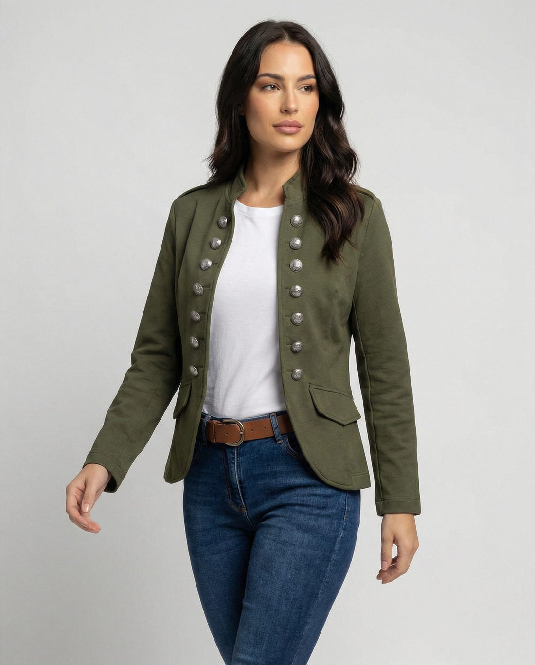 Damen Kurzblazer mit Stehkragen und Knopfleiste