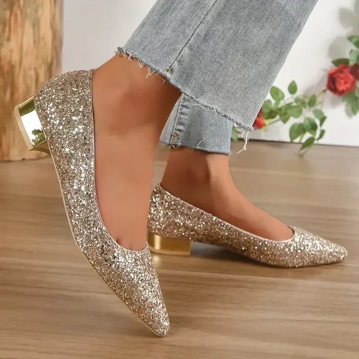 Damen Glitter Ballerinas mit Blockabsatz