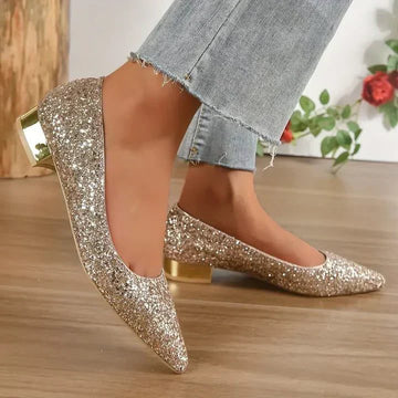 Damen Glitter Ballerinas mit Blockabsatz