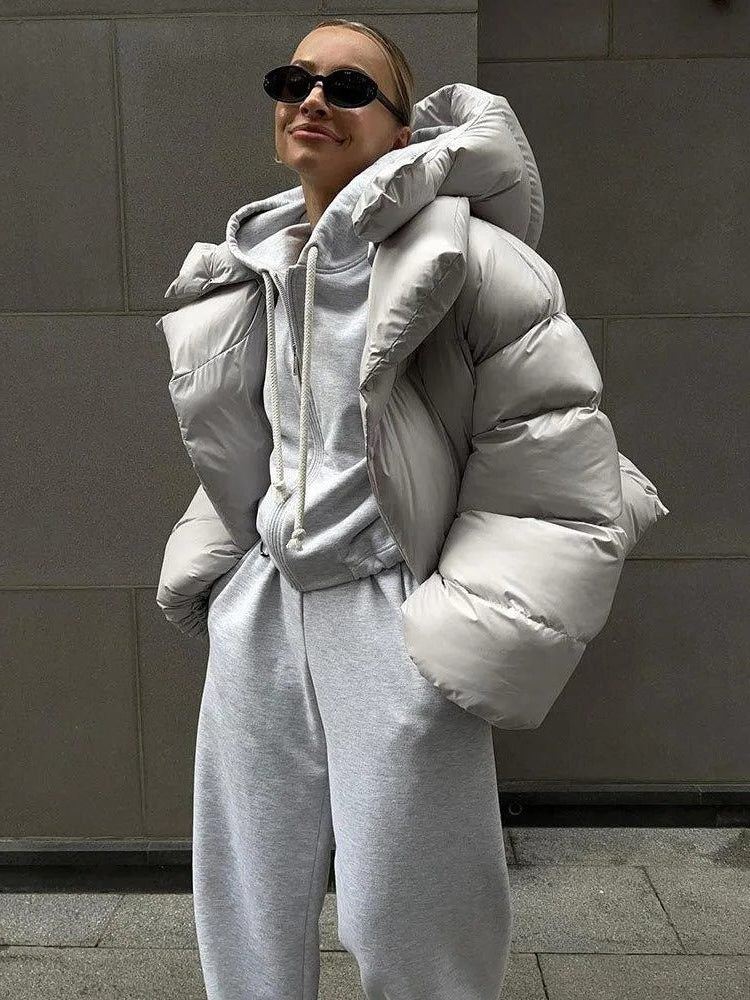 Damen Kurze Daunenjacke mit Kapuze - Silber