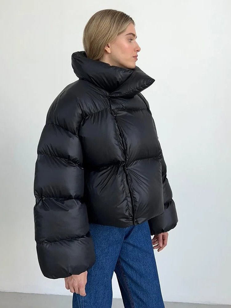 Damen Kurze Daunenjacke mit Kapuze - Schwarz