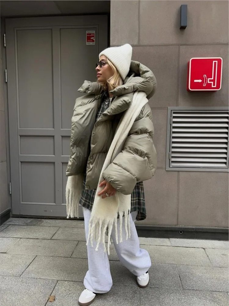 Damen Kurze Daunenjacke mit Kapuze - Grün