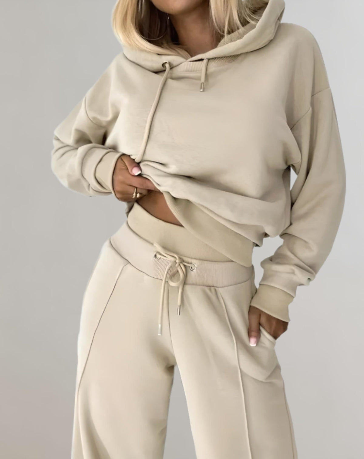 Damen Hoodie und Weite Hose Jogginganzug - Beige