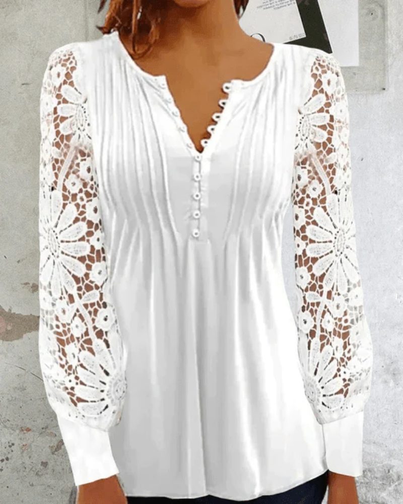 Damen Bluse mit Spitzenärmeln und Knopfleiste