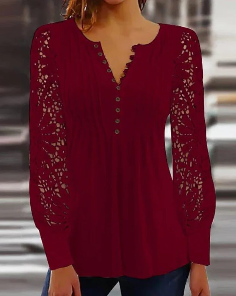 Damen Bluse mit Spitzenärmeln und Knopfleiste - Rot
