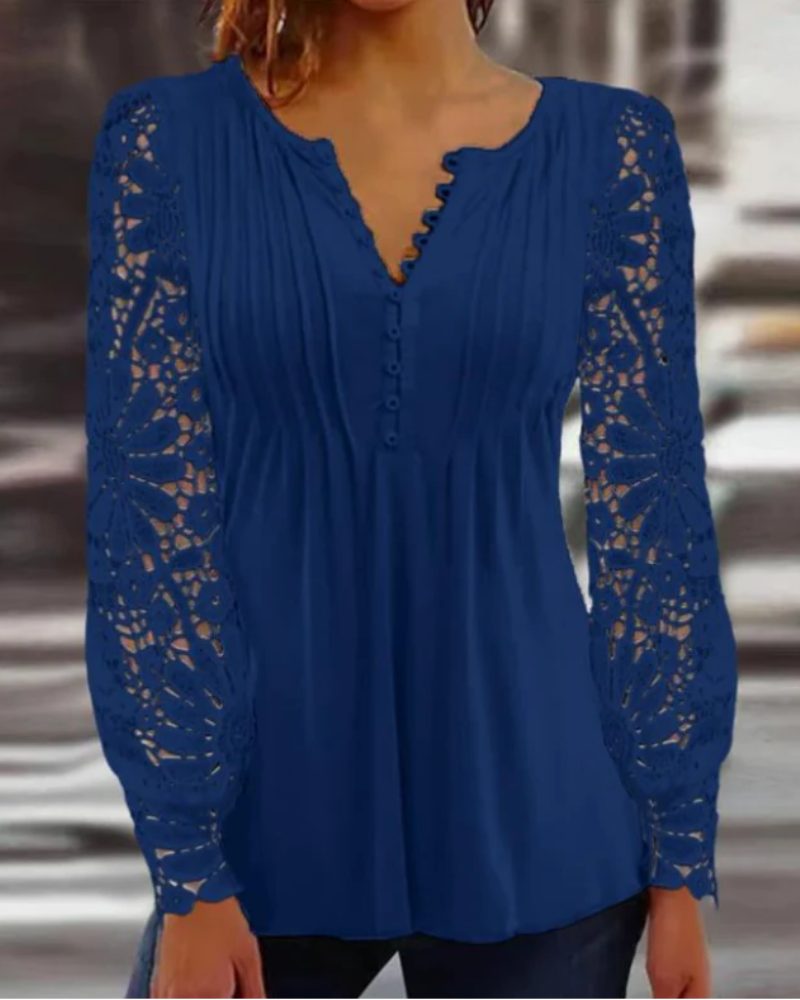 Damen Bluse mit Spitzenärmeln und Knopfleiste - Marineblau