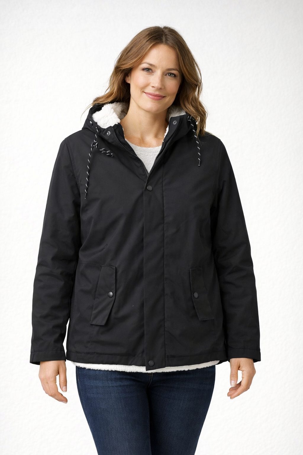 Damen Winterjacke mit Kapuze und Fleecefutter - Schwarz
