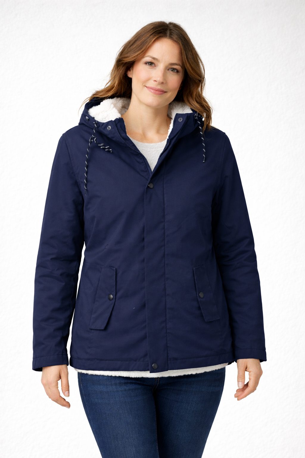 Damen Winterjacke mit Kapuze und Fleecefutter - Marineblau