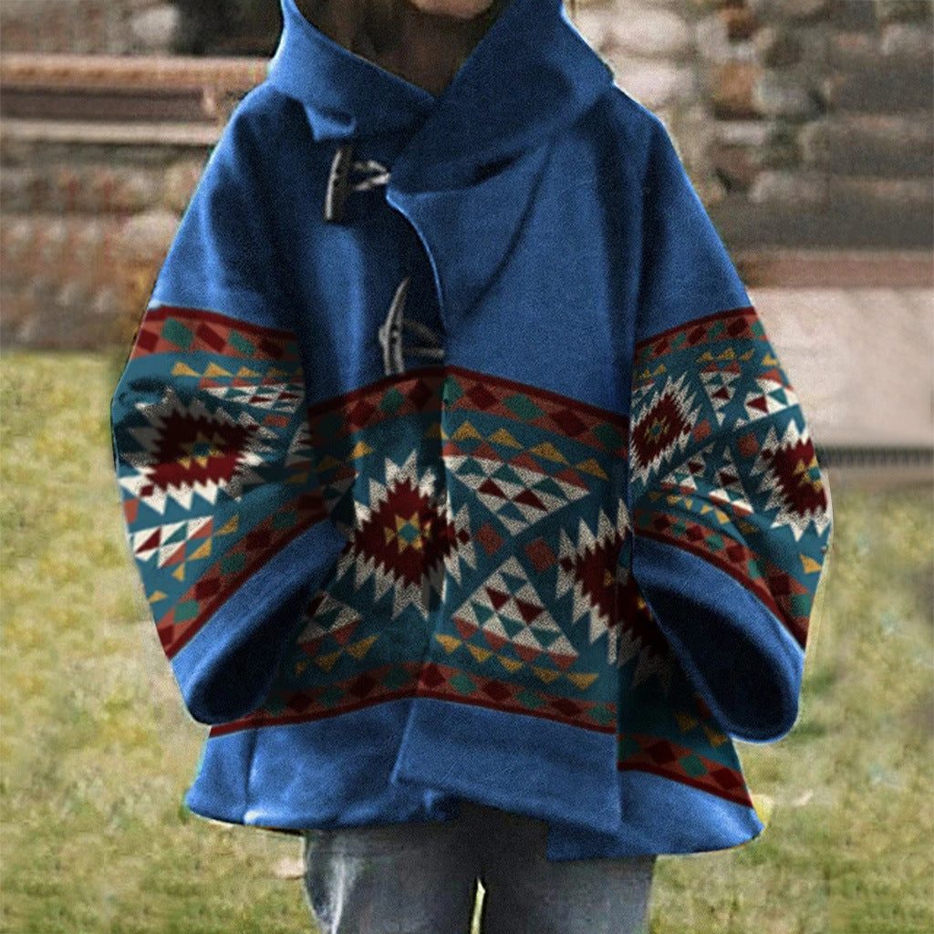 Damen Oversized Mantel mit Ethnischem Muster - Blau-Weiss