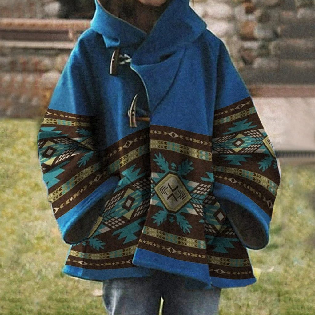 Damen Oversized Mantel mit Ethnischem Muster - Blau-Grün