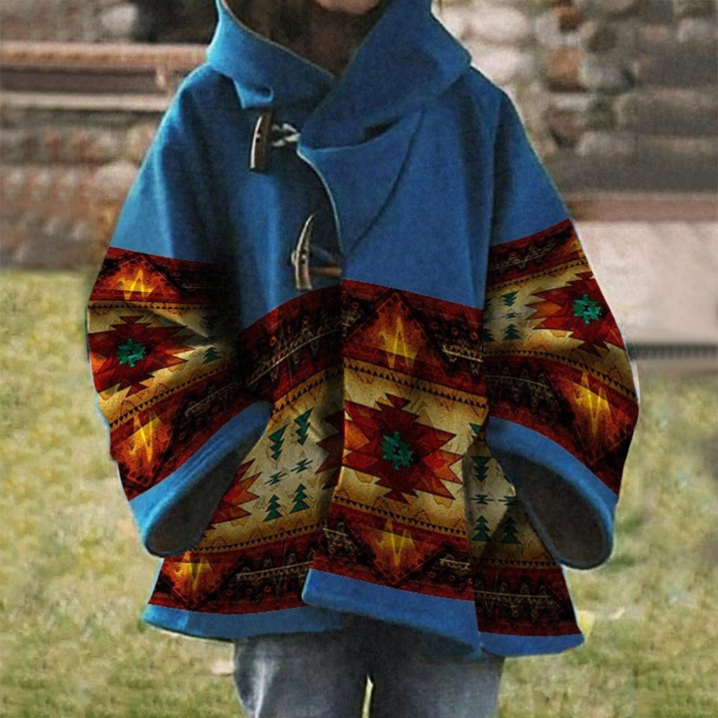 Damen Oversized Mantel mit Ethnischem Muster - Blau-Rot