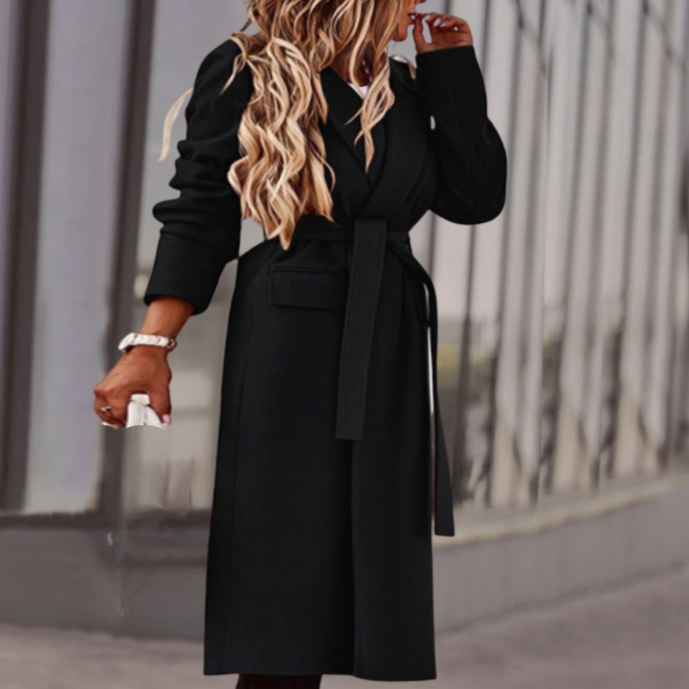 Damen Maxi-Mantel mit Bindegürtel und Puffärmeln - Schwarz