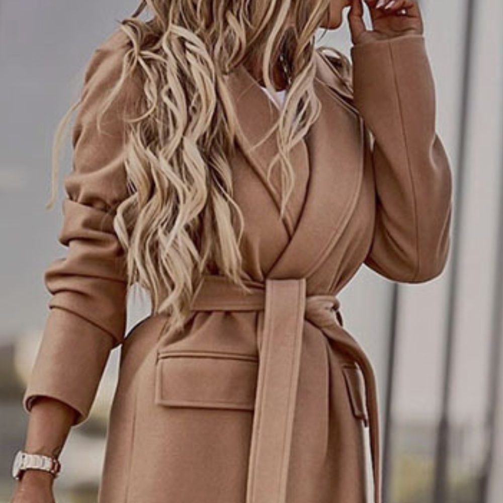 Damen Maxi-Mantel mit Bindegürtel und Puffärmeln