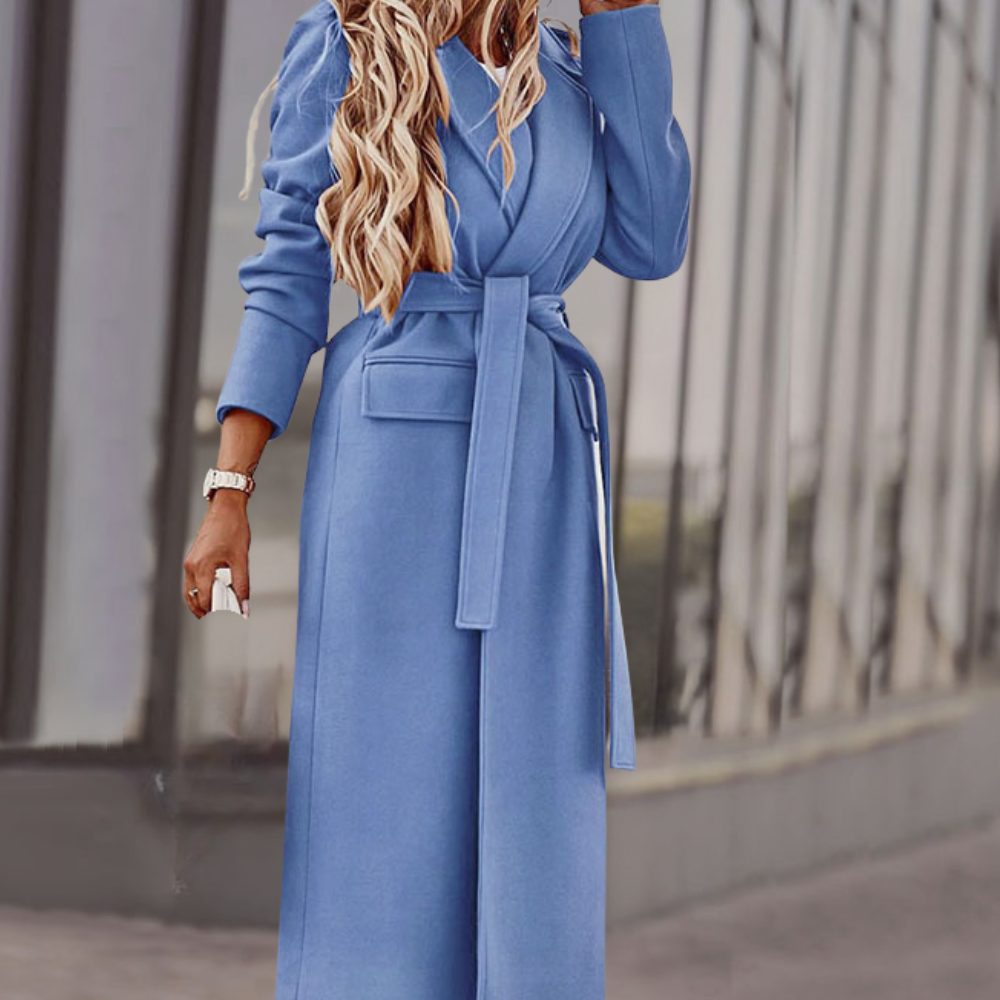 Damen Maxi-Mantel mit Bindegürtel und Puffärmeln - Blau