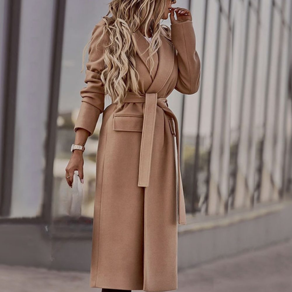 Damen Maxi-Mantel mit Bindegürtel und Puffärmeln - Khaki