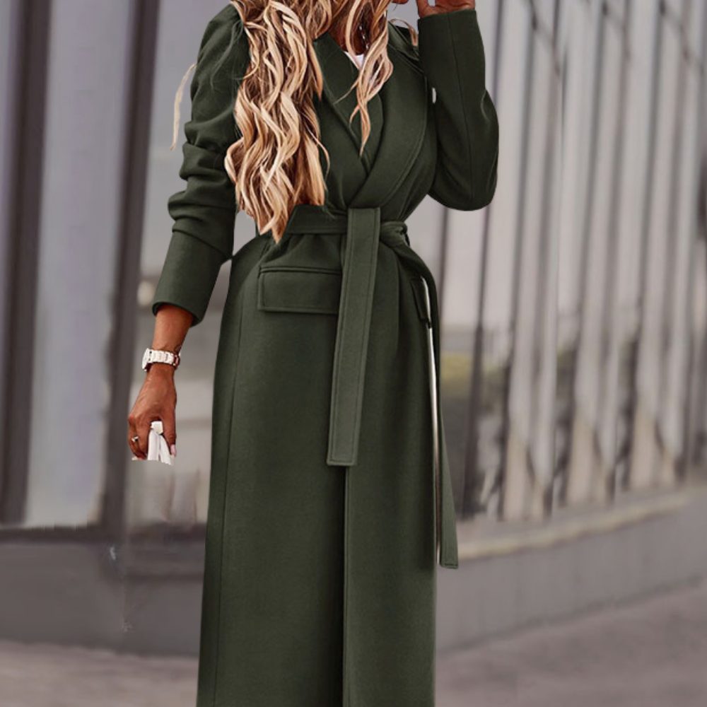 Damen Maxi-Mantel mit Bindegürtel und Puffärmeln