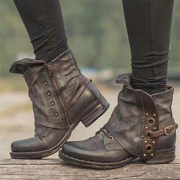 Damen Stiefeletten mit Seitlichem Reissverschluss und Nieten - Braun