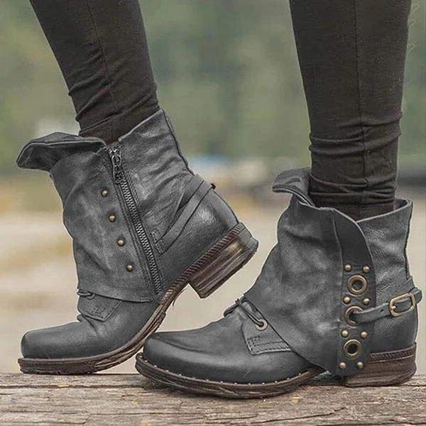 Damen Stiefeletten mit Seitlichem Reissverschluss und Nieten - Grau