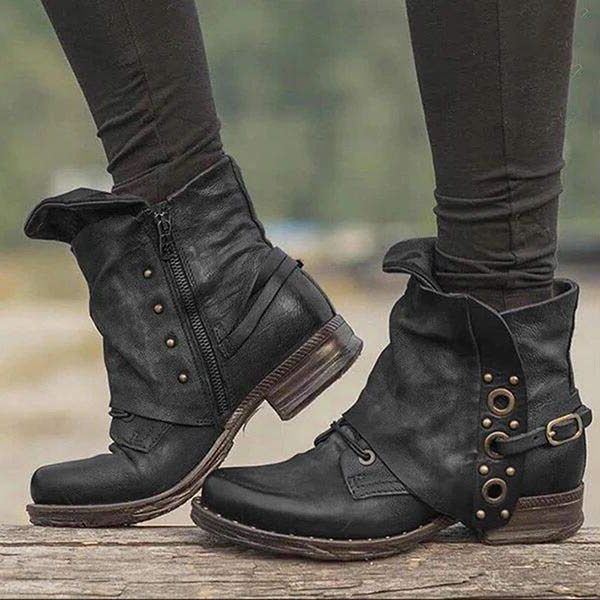 Damen Stiefeletten mit Seitlichem Reissverschluss und Nieten - Schwarz
