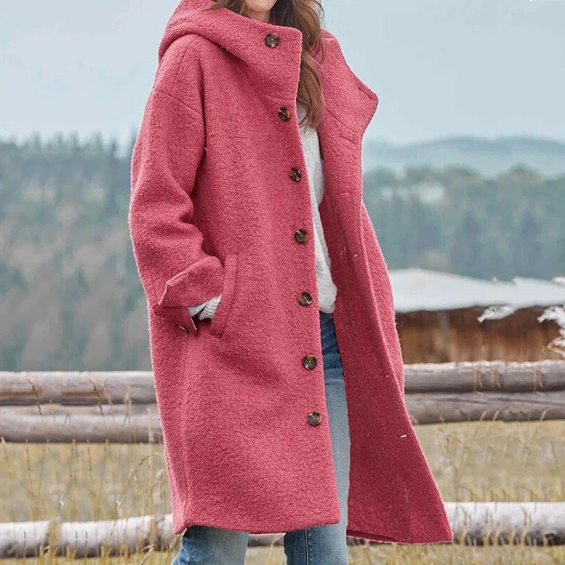 Damen Langer Wollmantel mit Knopfleiste - Rosa