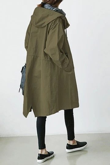 Oversize Windbreaker mit Kapuze und Knopfleiste für Damen - Olivgrün