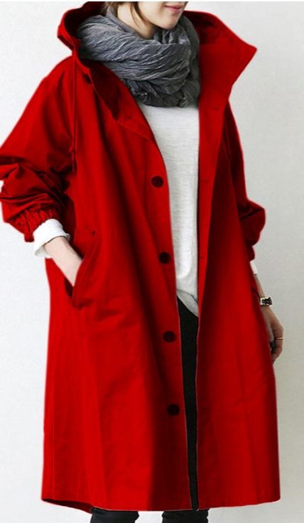 Oversize Windbreaker mit Kapuze und Knopfleiste für Damen - Rot