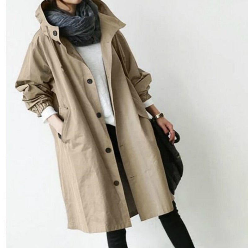 Oversize Windbreaker mit Kapuze und Knopfleiste für Damen - Khaki
