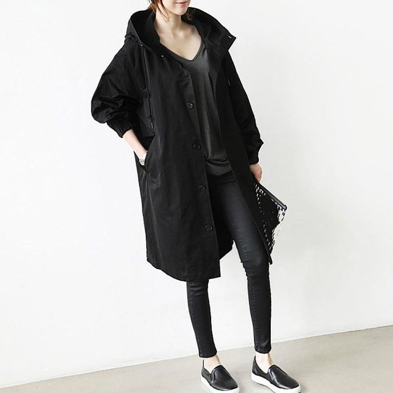 Oversize Windbreaker mit Kapuze und Knopfleiste für Damen - Schwarz