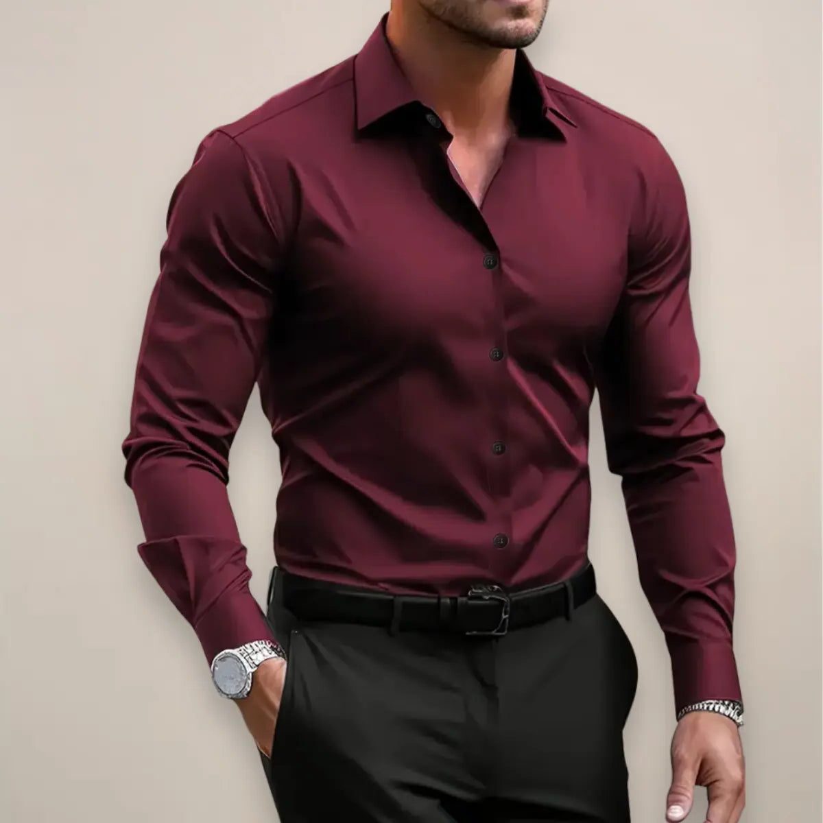 Herren Hemd mit Stehkragen und Lange Ärmeln - Rouge bordeaux