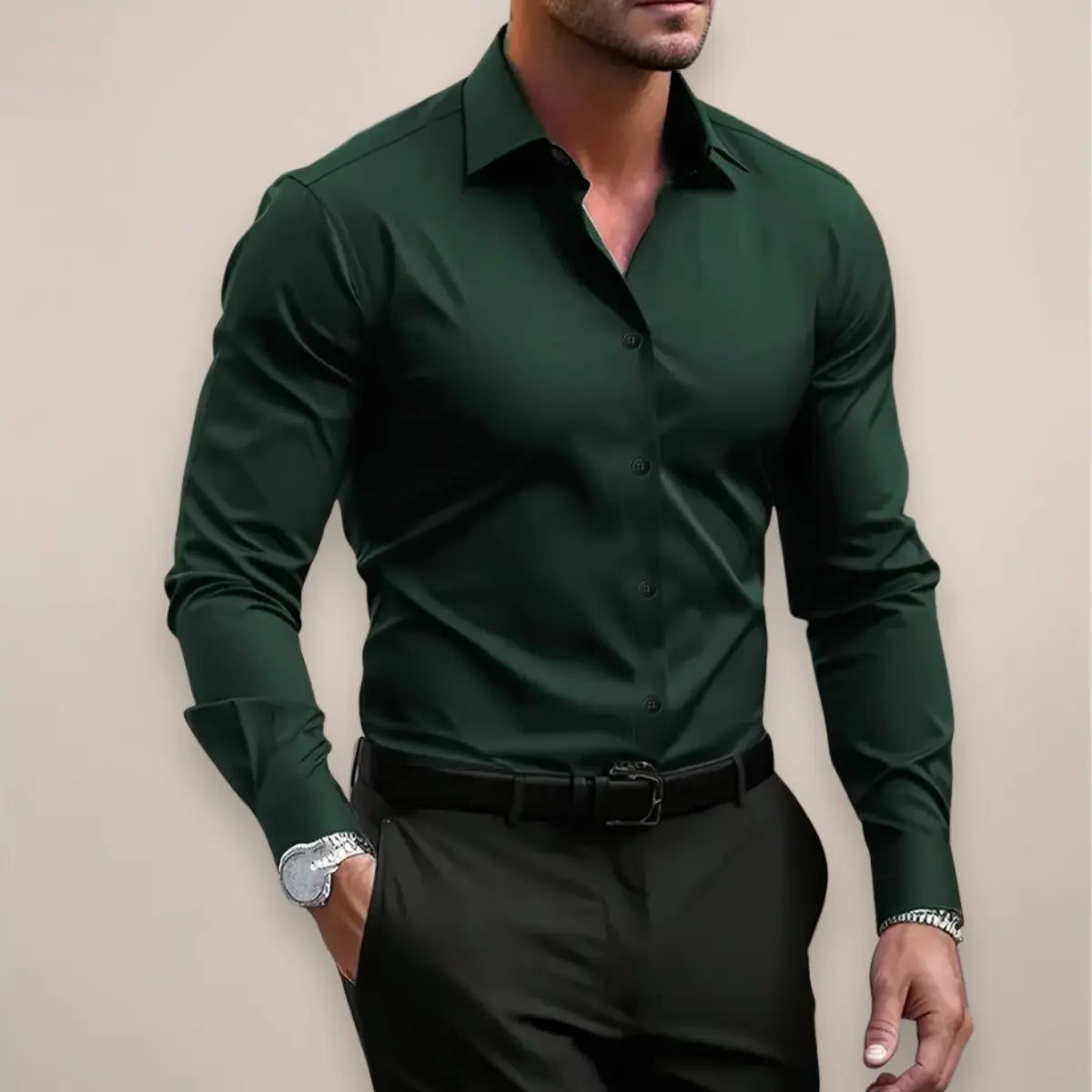 Herren Hemd mit Stehkragen und Lange Ärmeln - Vert foncé