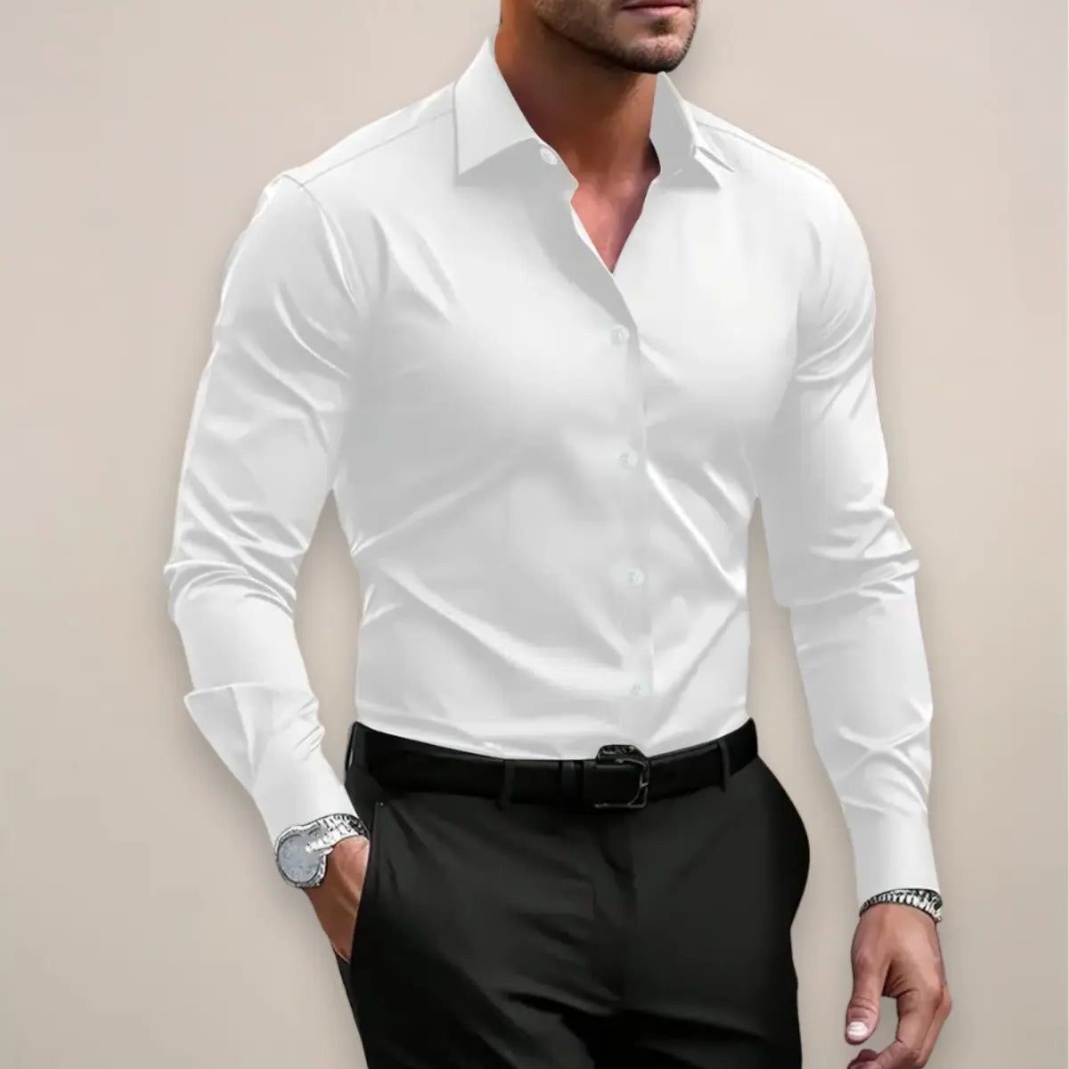 Herren Hemd mit Stehkragen und Lange Ärmeln - Blanc