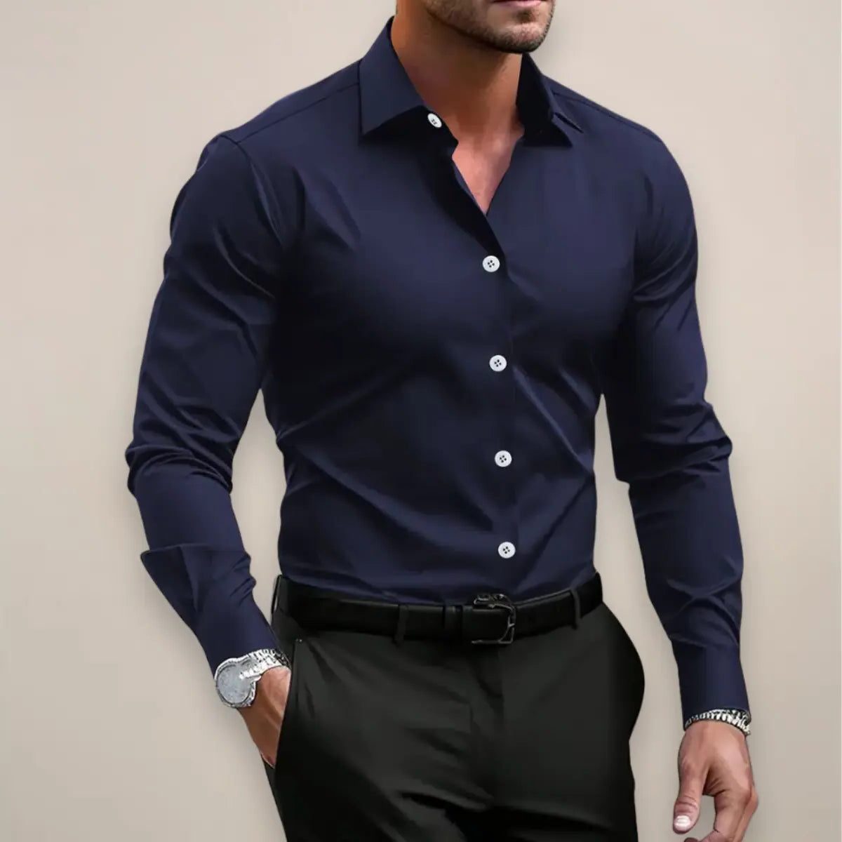 Herren Hemd mit Stehkragen und Lange Ärmeln - Bleu marine