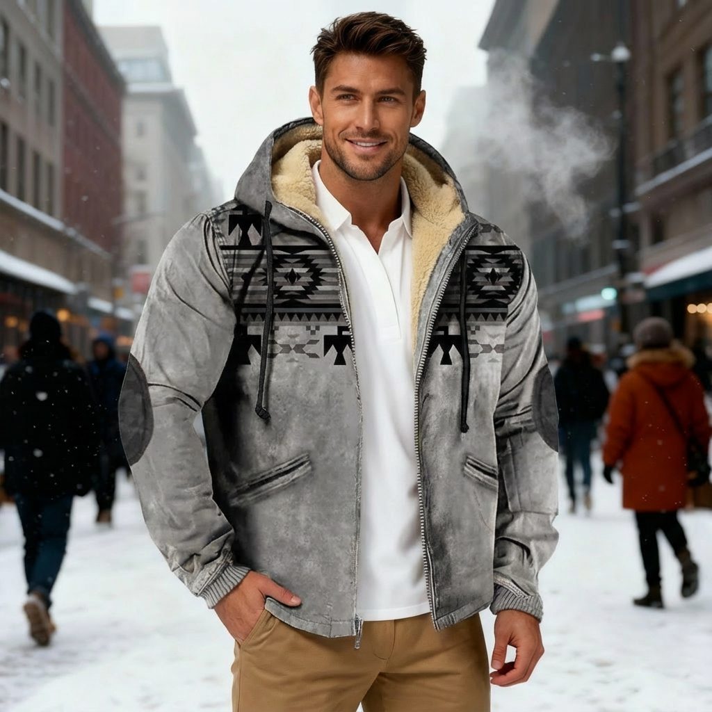 Herren Kapuzenjacke mit Tribal Print und Sherpa-Futter