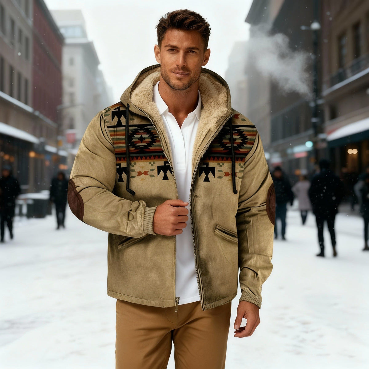 Herren Kapuzenjacke mit Tribal Print und Sherpa-Futter - Khaki