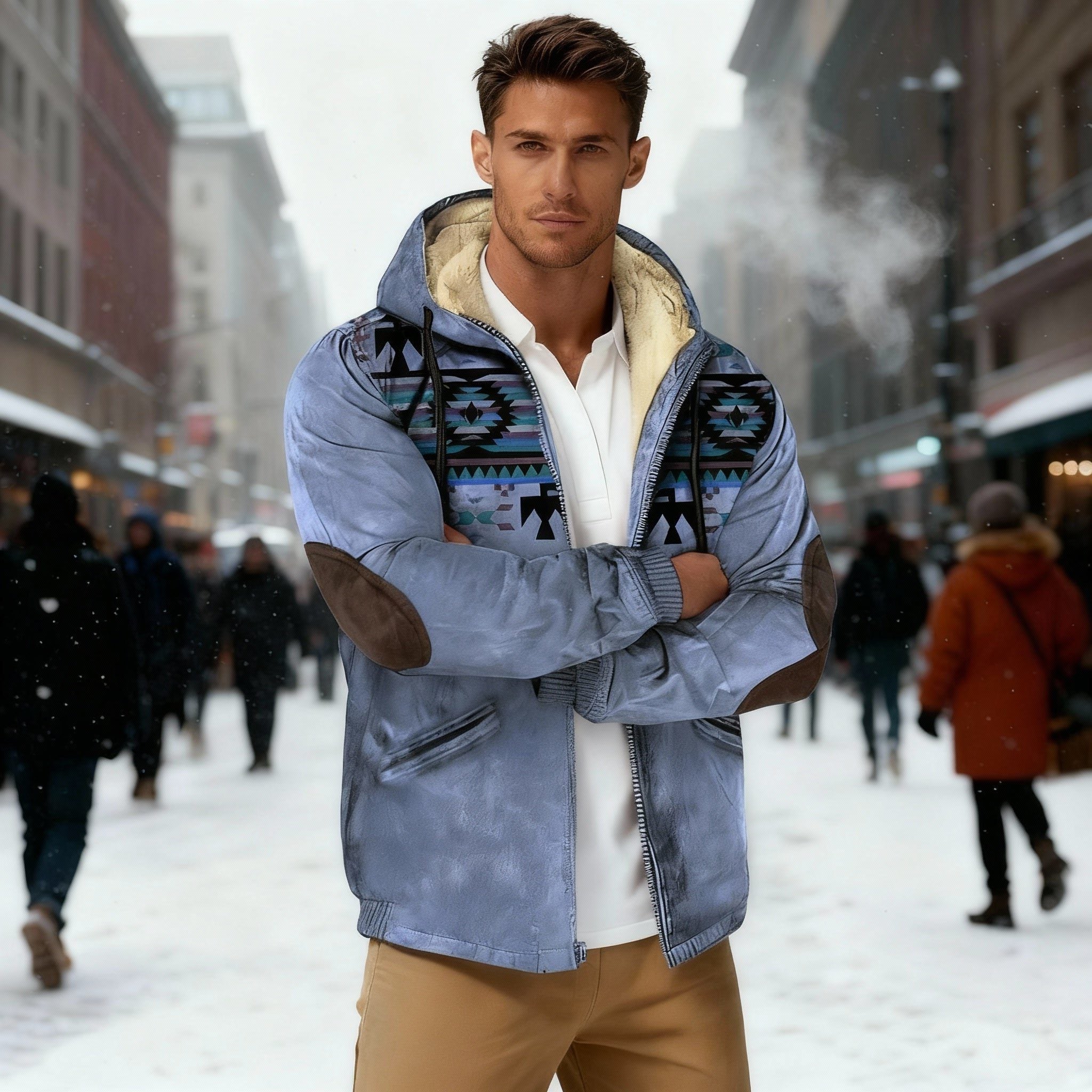 Herren Kapuzenjacke mit Tribal Print und Sherpa-Futter - Blau
