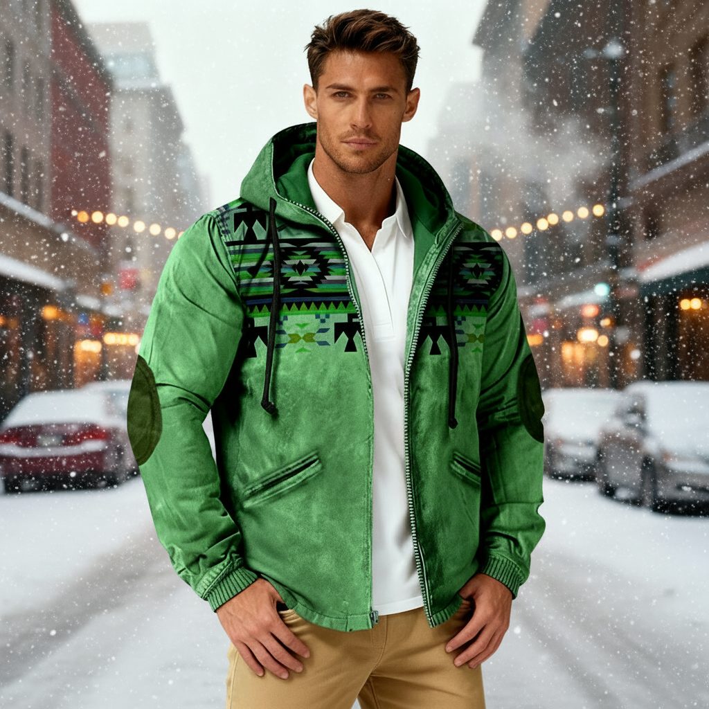 Herren Kapuzenjacke mit Tribal Print und Sherpa-Futter - Grüen